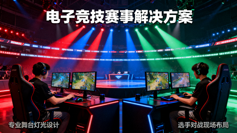 电子竞技赛事舞台灯光与选手对战现场，用于电竞赛事解决方案展示
